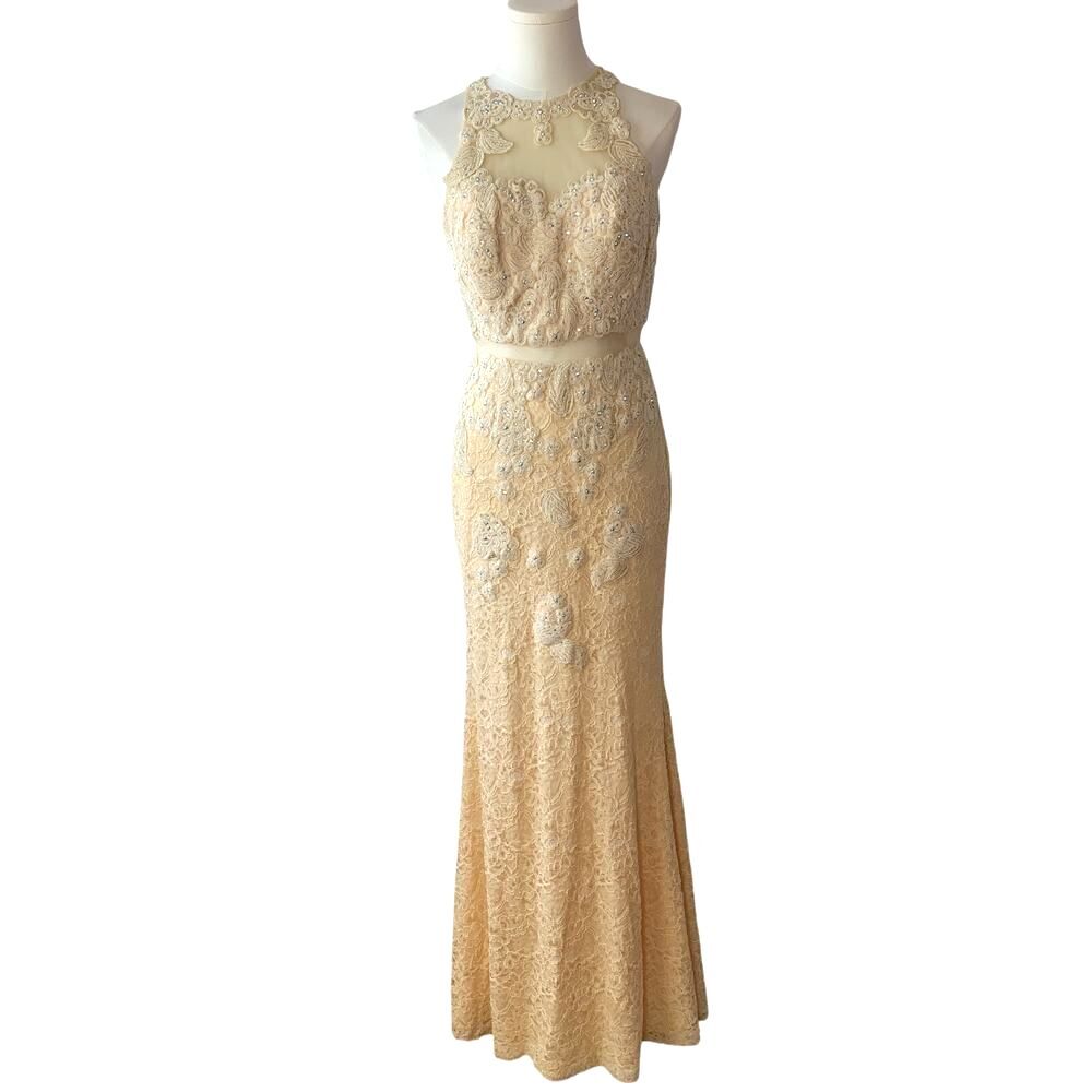 Anny Lee Dress Women’s Size M Nude Lace Halter Gown Prom Formal
